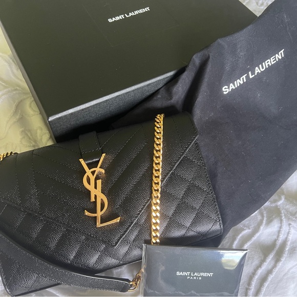 Yves Saint Laurent Handbags - Like New Authentic YSL Envelope Tri-quilt gold on black Grain de Poudre leather